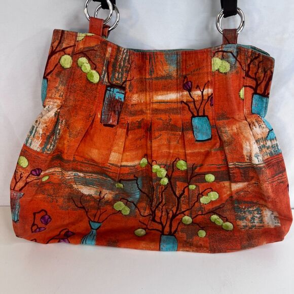 Multi Print Cloth Boho Hobo Handbag Tote Snap Top Leather Handles - Picture 2 of 8